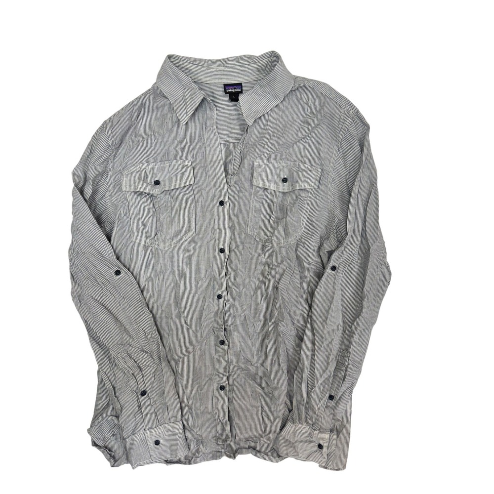 Patagonia Lightweight A/C Buttondown Shirt Blue White Stripe Cotton Hemp Large